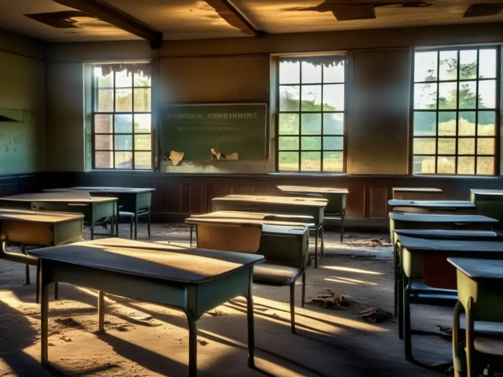 Abandono escolar en ciudades fantasma: Imagen impactante de un aula abandonada en una escuela en decadencia, donde la luz del sol se filtra a través de ventanas rotas, creando sombras dramáticas sobre escritorios polvorientos y sillas vacías. Los carteles educativos descoloridos se af