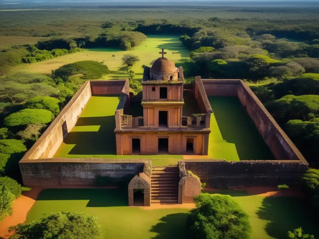 Una fotografía aérea de alta resolución muestra las ruinas de la misión jesuita de La Santísima Trinidad del Paraná en Paraguay, destacando su diseño arquitectónico y la naturaleza que lo rodea. Las sombras dramáticas realzan el contraste entre las ruinas y la exuberante vegetación, evoc