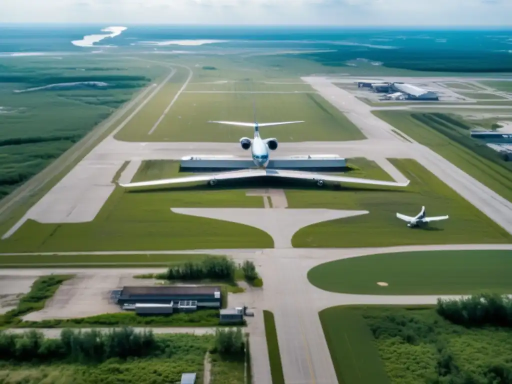 Aeropuerto Montreal Mirabel abandonado con pistas cubiertas de vegetación y aviones oxidados, evocando un paisaje desolado y abandonado.