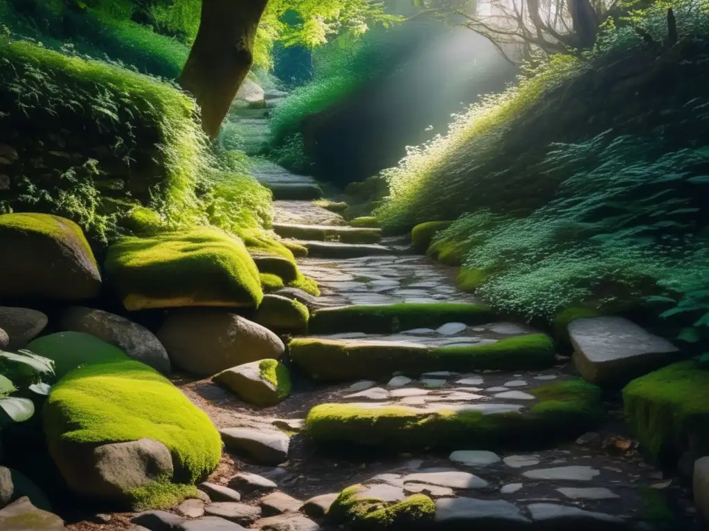 Un antiguo camino de piedra cubierto de musgo y plantas, bañado por la suave luz del sol. <b>La historia de caminos reales abandonados cobra vida.