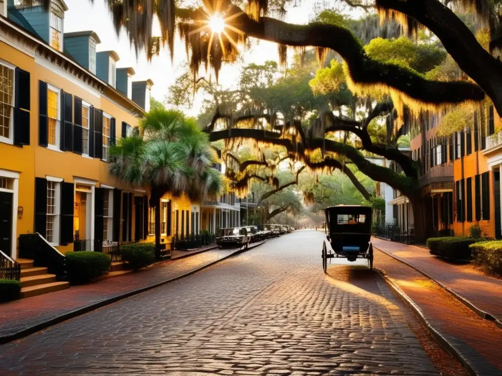 Un atardecer dorado en Savannah: calles empedradas, mansiones antebellum, faroles de gas y un carruaje. El renacimiento de Savannah: ciudad fantasma.