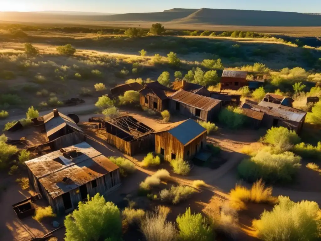 Un atardecer dorado sobre una ciudad minera abandonada, con edificios en ruinas y vegetación creciendo. <b>La conservación en ciudades mineras abandonadas cobra vida.