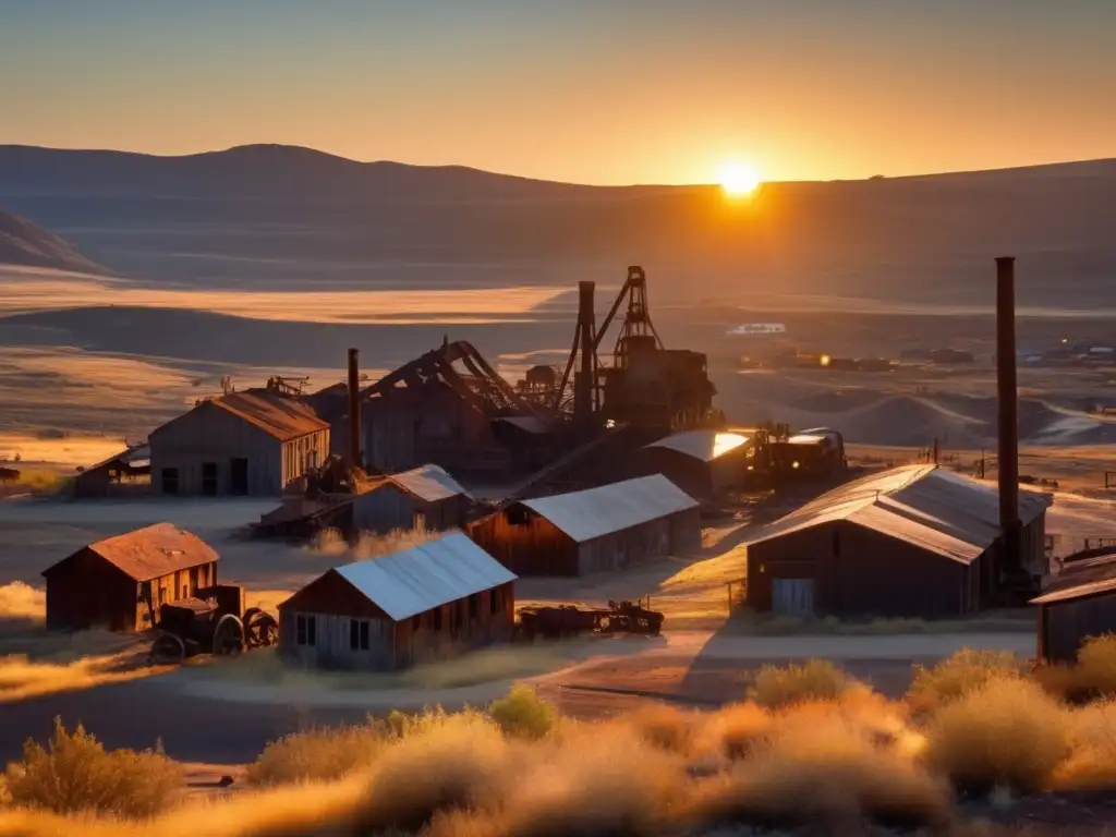 Un atardecer dorado baña una ciudad minera abandonada, creando una atmósfera de desolación. Vida cotidiana en ciudades mineras abandonadas.