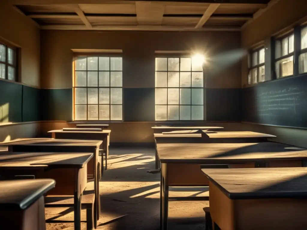 Un aula desierta en una escuela abandonada, con pupitres vacíos, pizarra polvorienta y luz solar filtrándose por ventanas rotas, creando una escena conmovedora y evocadora que refleja el impacto del abandono escolar en ciudades fantasma.