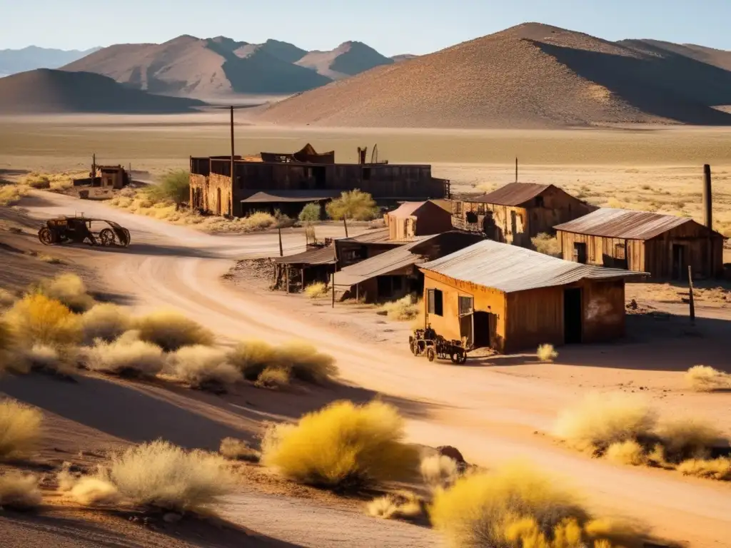 Explora la belleza desolada de la ciudad minera desaparecida Tierra Amarilla con sus estructuras oxidadas y paisaje desértico dorado.