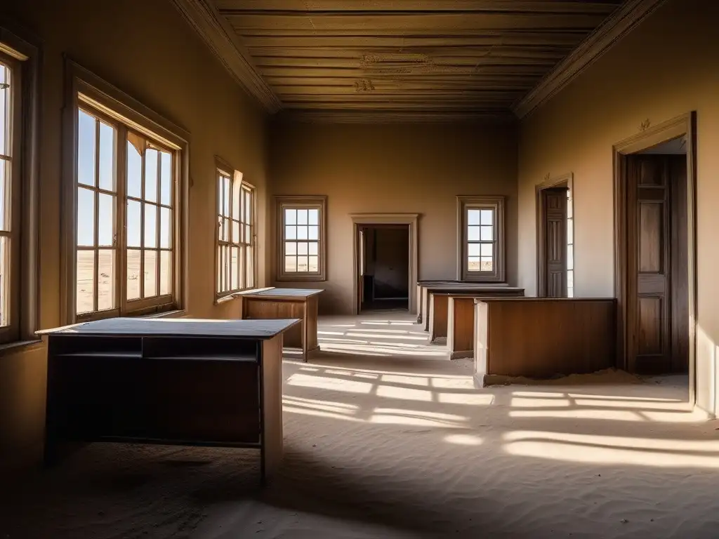 Explora la belleza melancólica de la ciudad fantasma Kolmanskop, Namibia, donde la naturaleza reclama antiguas estructuras.