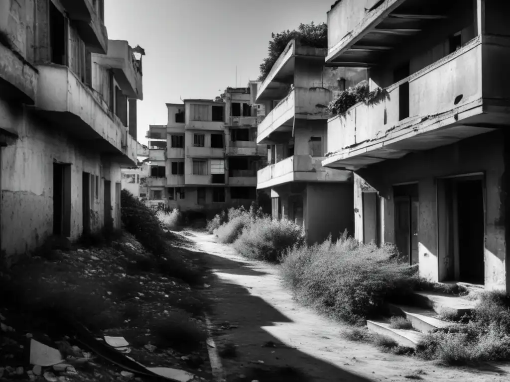 Una fotografía en blanco y negro de la desolada ciudad de Varosha en Chipre, con edificios en ruinas y vegetación sobrecogedora.