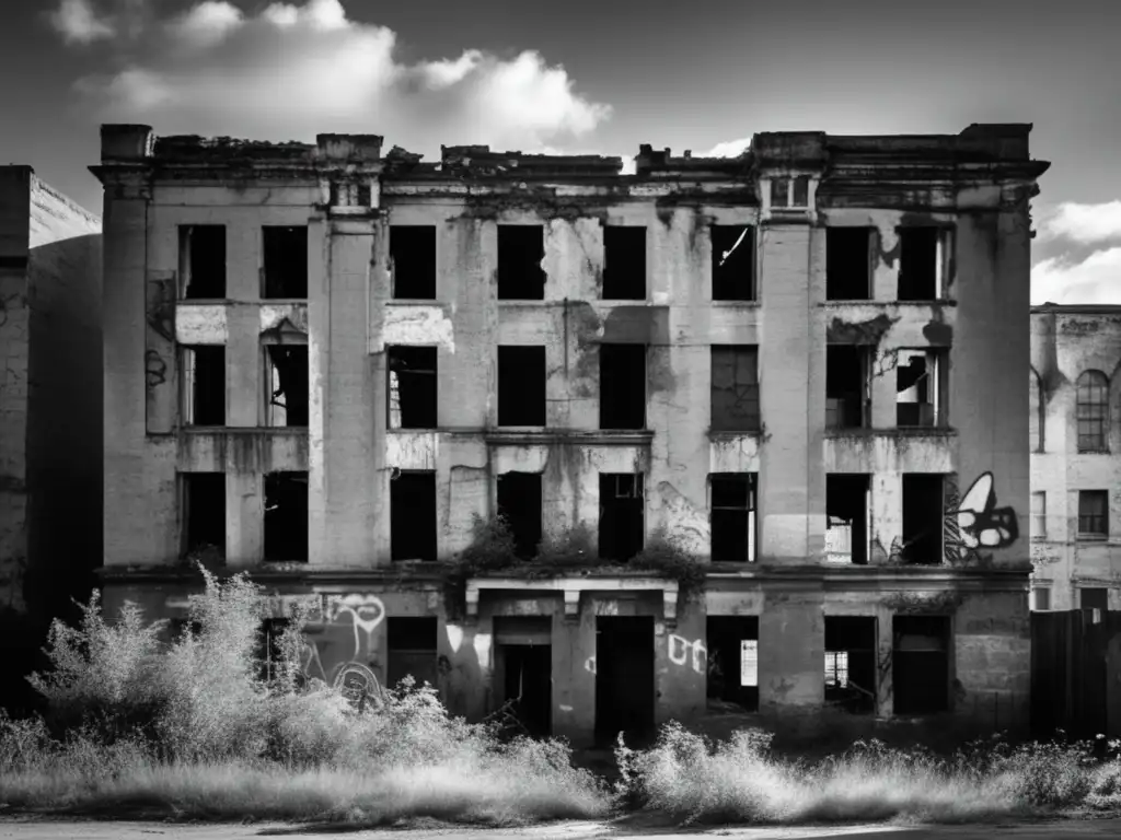 Una fotografía en blanco y negro de un edificio urbano en ruinas, con grafitis y ventanas rotas. <b>La vegetación se abre paso, mientras la luz destaca la belleza inquietante de la decadencia.</b> En primer plano, la silueta de una figura recuerda la presencia humana que una vez habitó estas