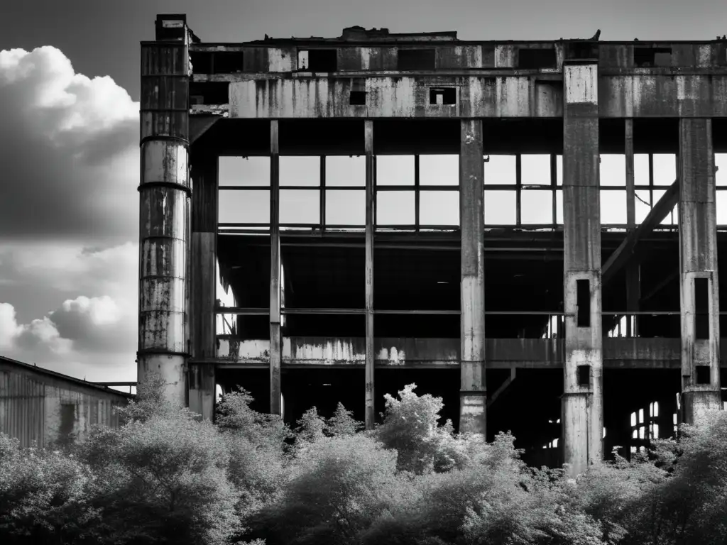 Fotografía en blanco y negro de ruinas de una fábrica en Ohio, donde la naturaleza y el tiempo se entrelazan.