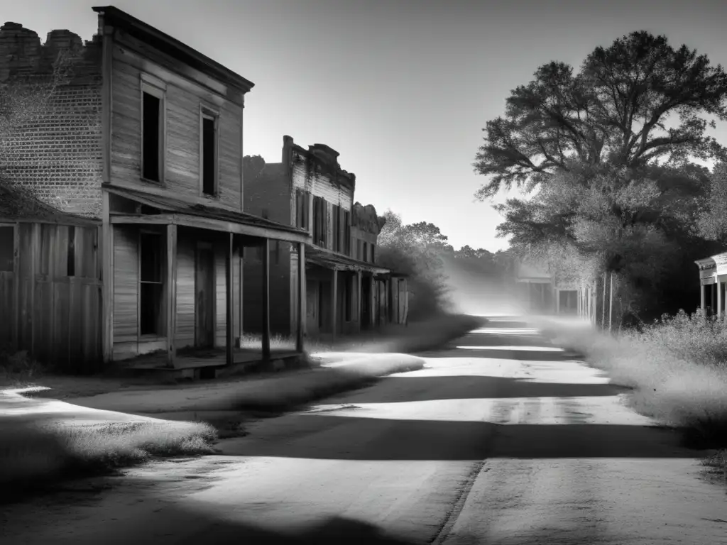 La fotografía en blanco y negro muestra el silencio inquietante del pueblo fantasma Cahawba, evocando la nostalgia de la Guerra Civil.