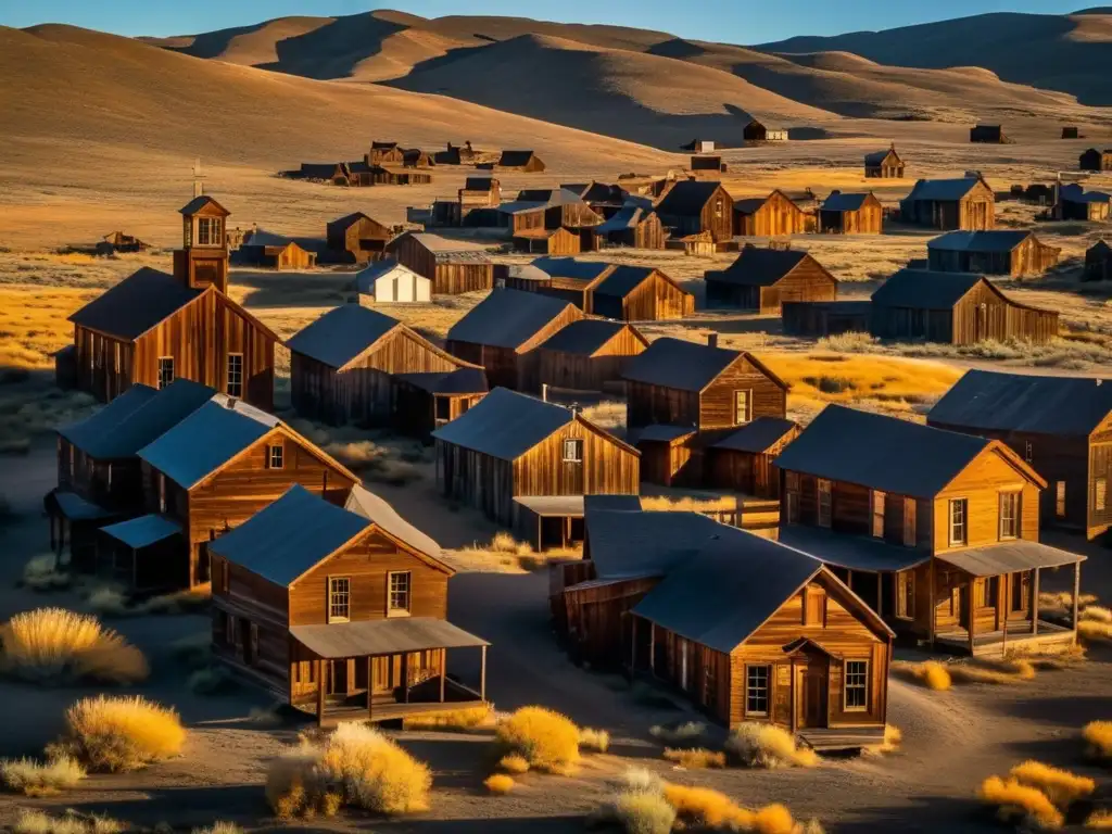 La cálida luz del atardecer ilumina el pueblo fantasma Bodie preservado América, evocando nostalgia e historia en su paisaje desolado.