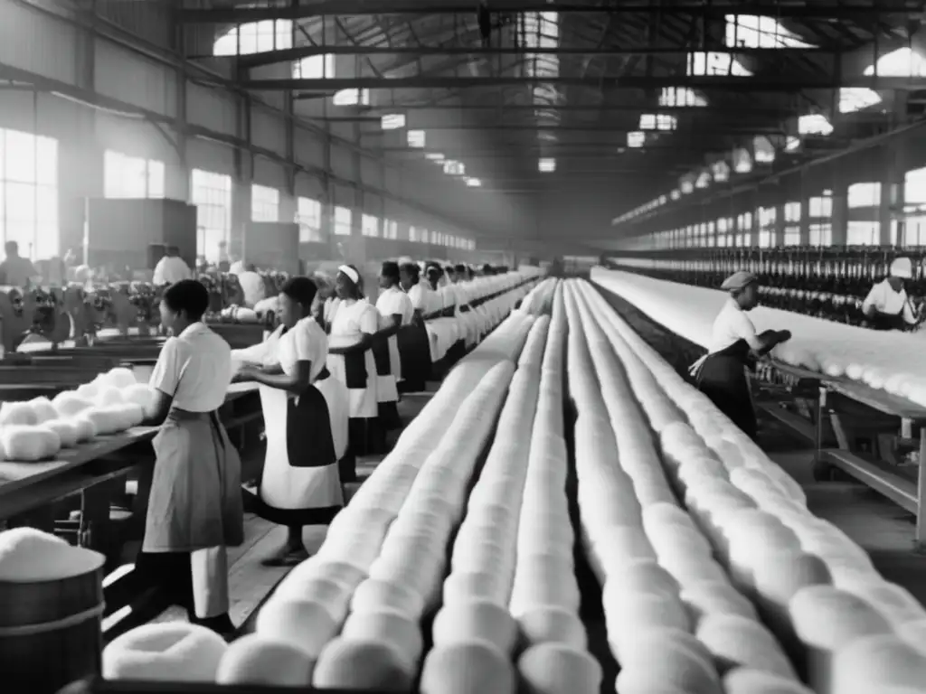 Una concurrida fábrica textil en Carolina del Norte durante la era de la manufactura textil, con trabajadores operando maquinaria y bultos de algodón en primer plano. <b>La imagen captura la energía e historia de las fábricas textiles en Carolina del Norte.