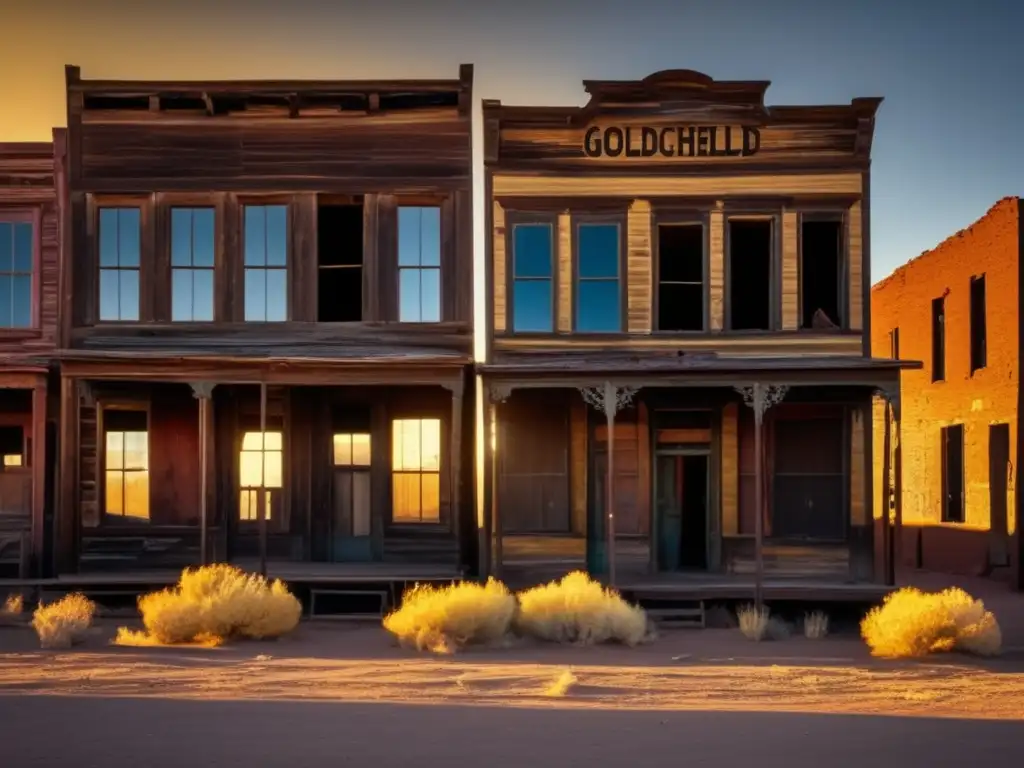 La fotografía muestra el desolado pueblo fantasma de Goldfield al atardecer, con sombras largas y colores sombríos que reflejan su decadencia.