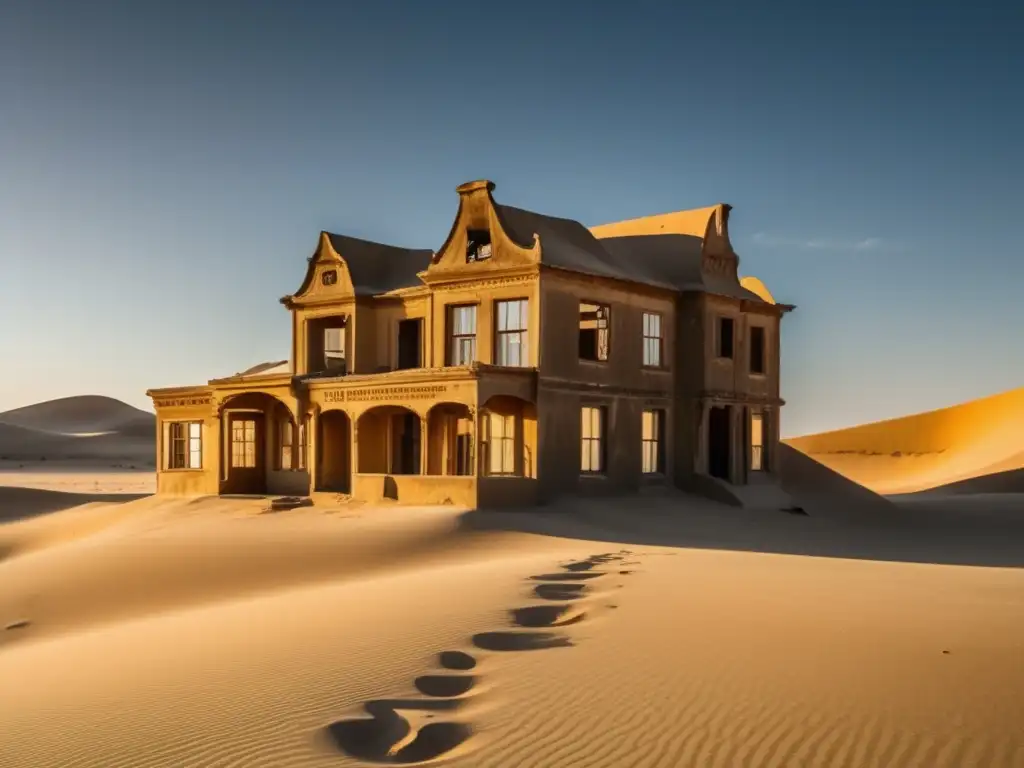 Exploración en Kolmanskop Namibia abandonada城市: una casa decrépita cubierta de arena en un paisaje desértico, evocando soledad y el paso del tiempo.