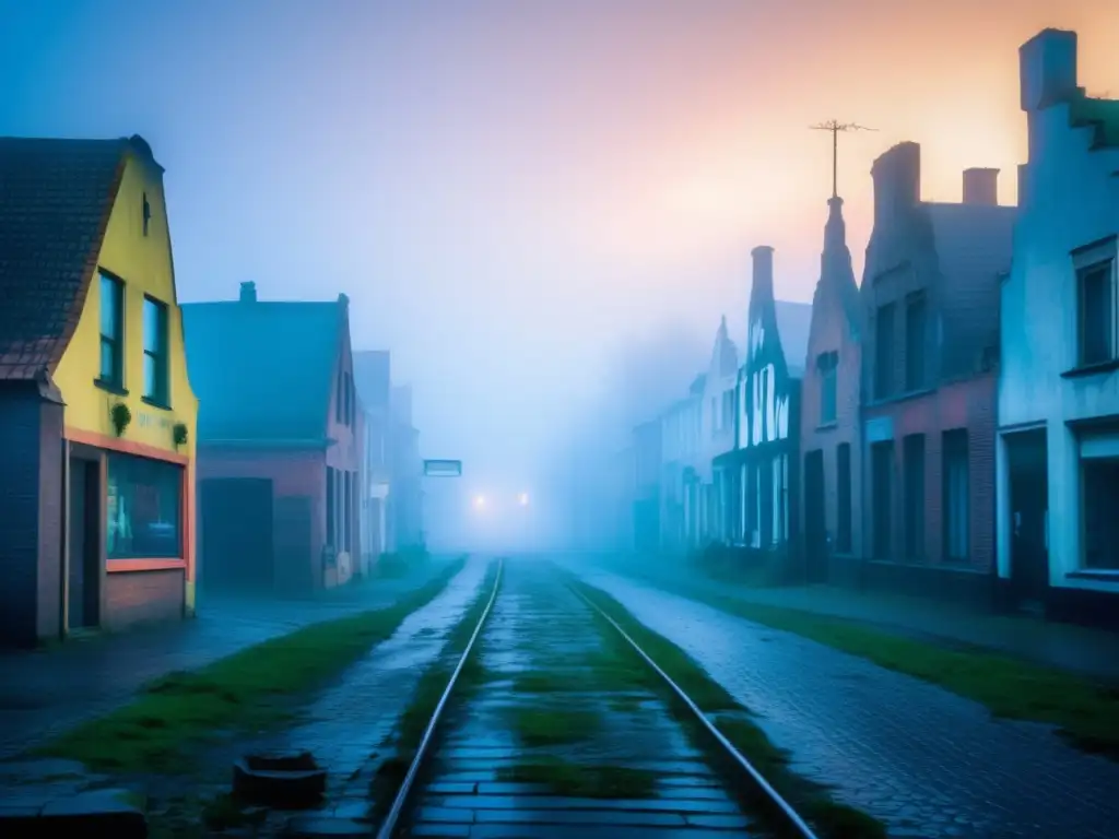 Exploración de ciudades fantasma Bélgica: Calles abandonadas de Doel, envueltas en niebla, con grafitis y arte callejero vibrante.