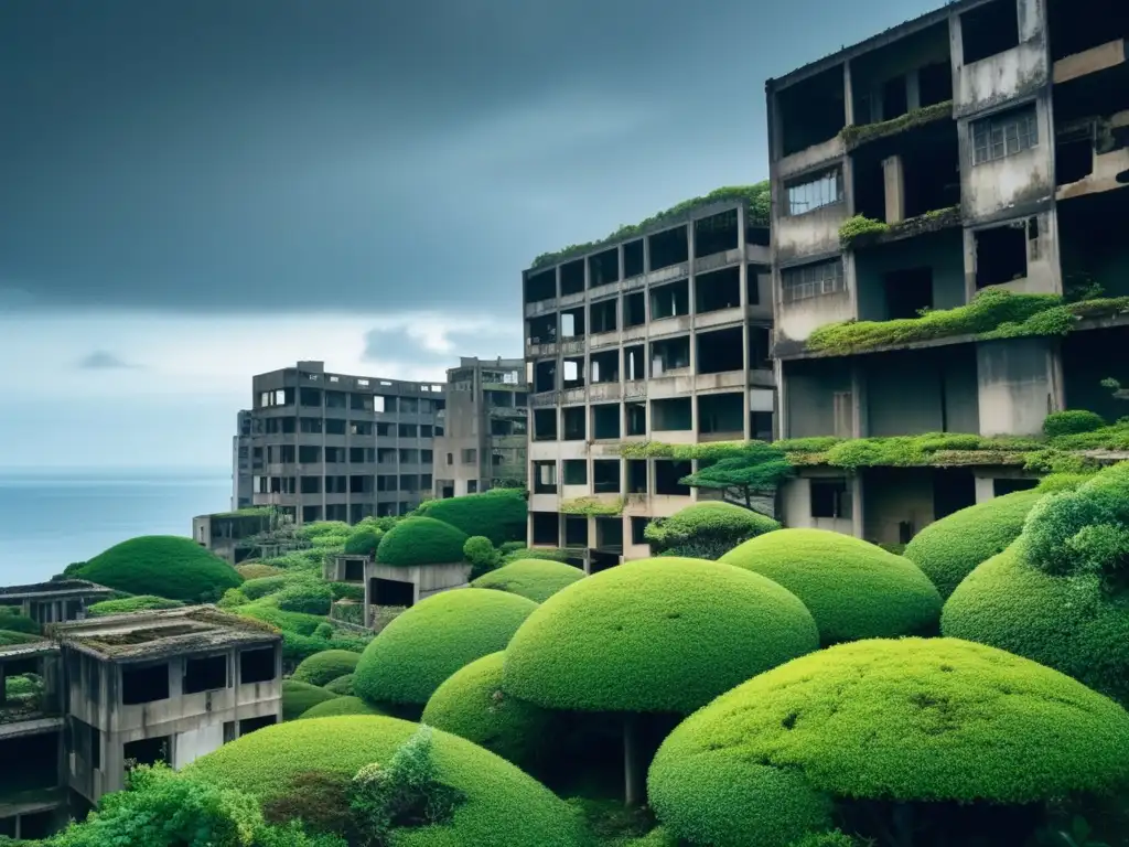 Exploración de ciudades fantasma: Fotografía detallada de Gunkanjima, mostrando la atmósfera desolada y misteriosa de la isla abandonada.