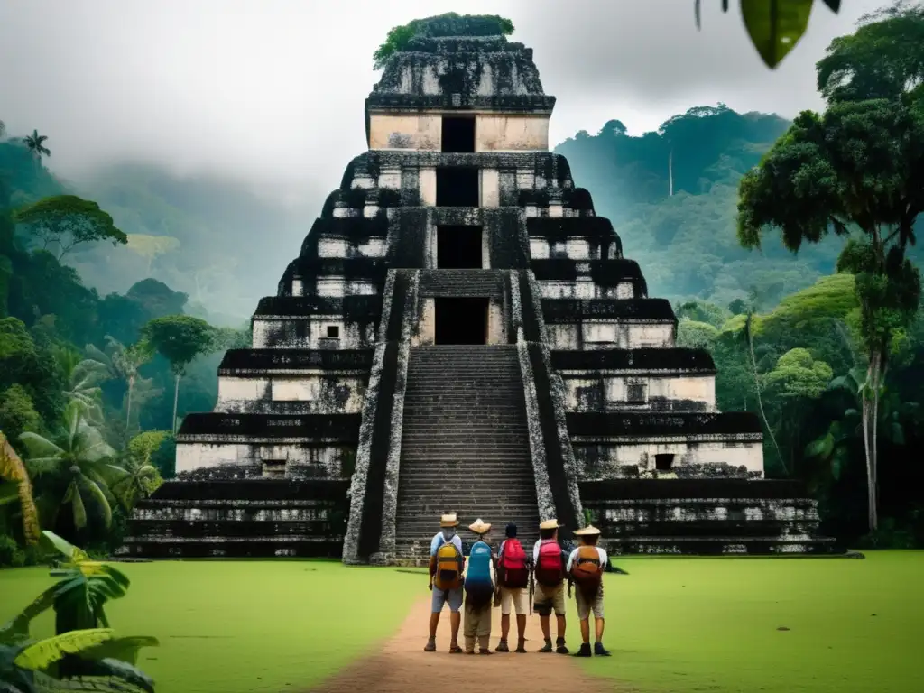 Exploración en grupo de una antigua ciudad maya cubierta de enredaderas en la selva de Guatemala. <b>La luz dorada añade misterio a la escena.