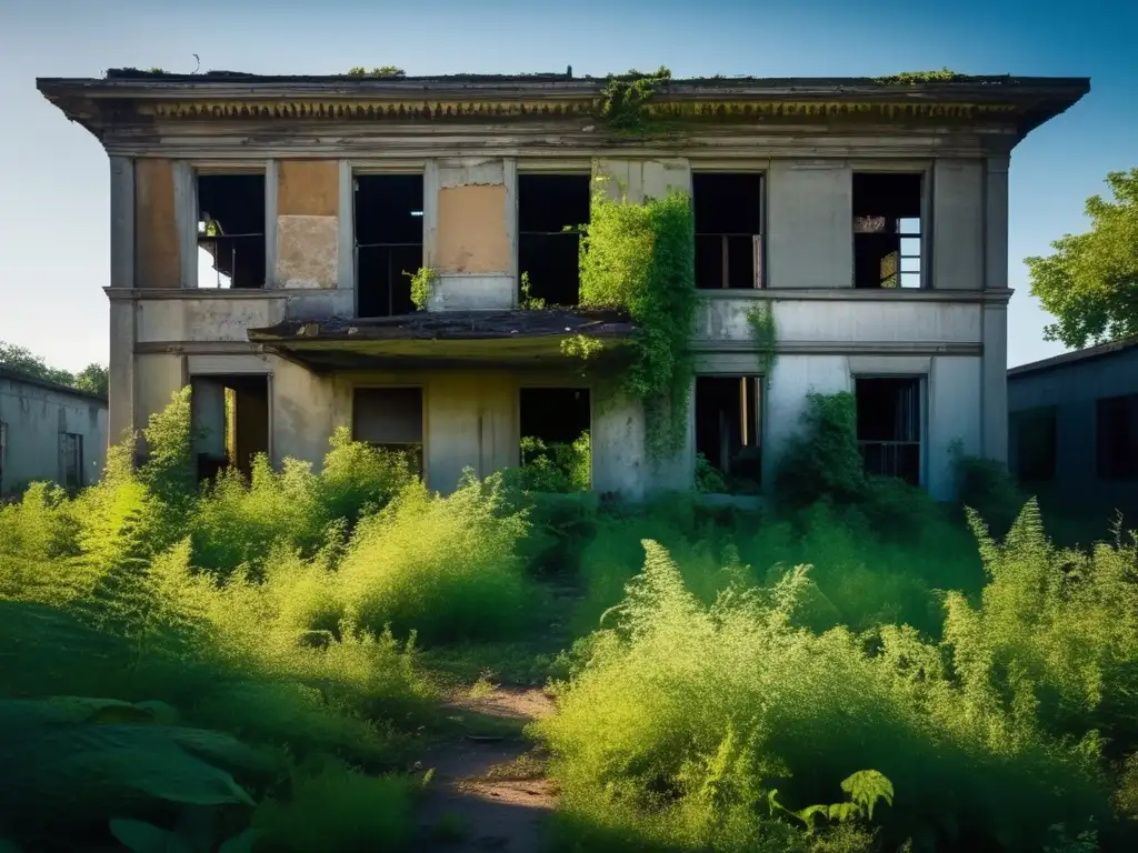 Exploración de lugares abandonados: Fotografía documental de un edificio deteriorado y abandonado, rodeado de vegetación. <b>Desolación y misterio.