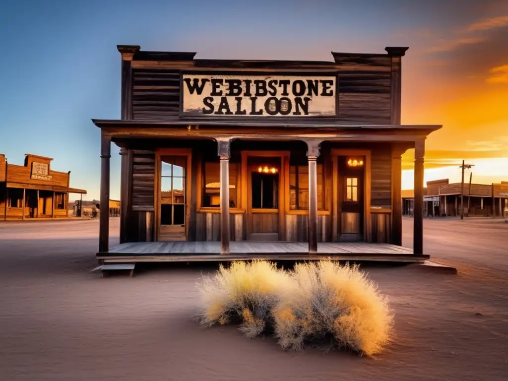 Exploración de los rincones olvidados de Tombstone: Un saloon abandonado al atardecer, con un ambiente de melancolía y soledad.