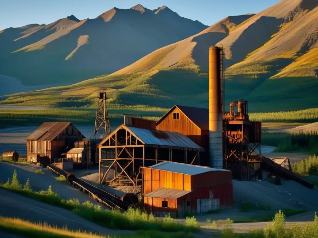 Exploración en ruinas de Kennecott Alaska: majestuosas estructuras oxidadas entre la naturaleza salvaje, bañadas por la luz del atardecer.