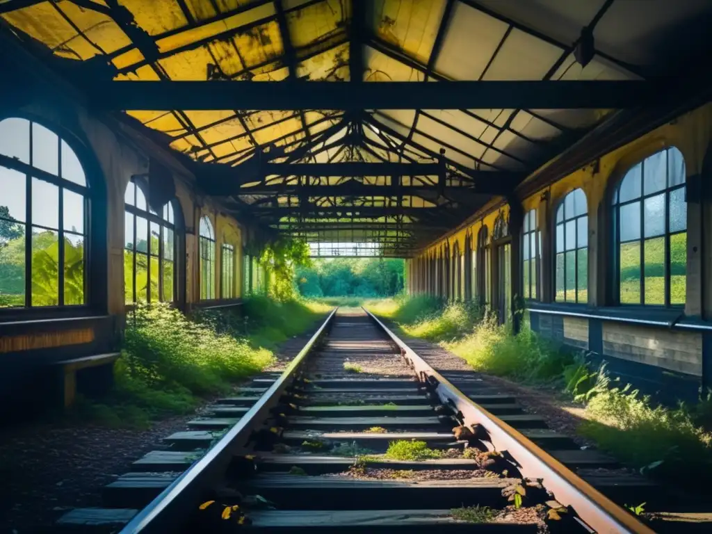 Exploración de la estación de tren abandonada de Sandon, con vegetación exuberante y ventanas rotas. <b>Una imagen evocadora de misterio y abandono.