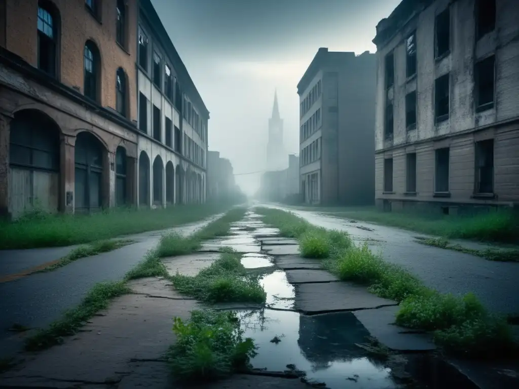 Explorador solitario camina por una ciudad fantasma, evocando razones psicológicas para explorar ciudades fantasma.