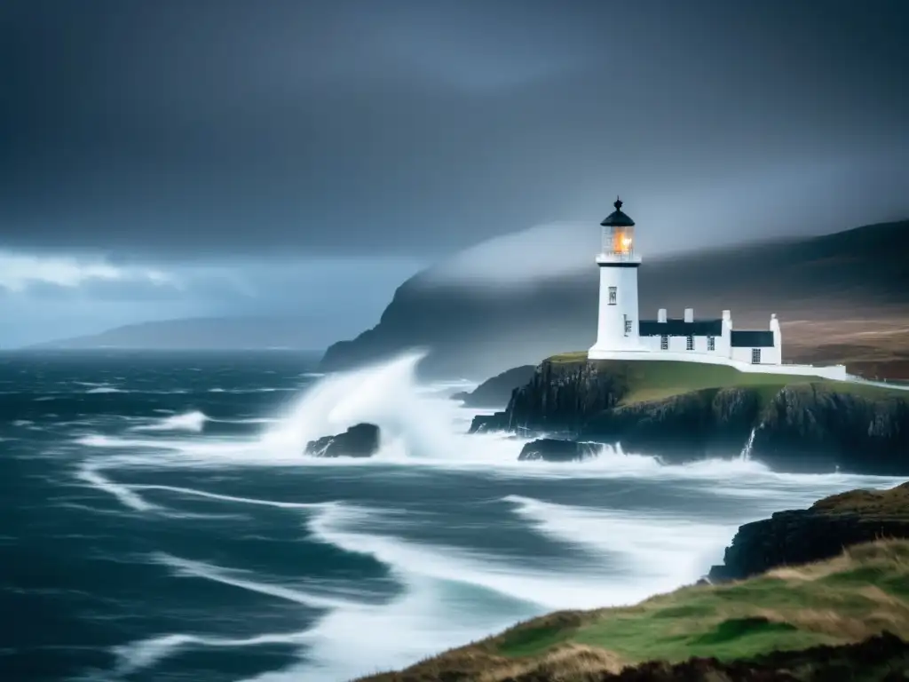 El Faro Eilean Mor misterios no resueltos emerge imponente en la tormenta escocesa, entre la niebla y las olas embravecidas.