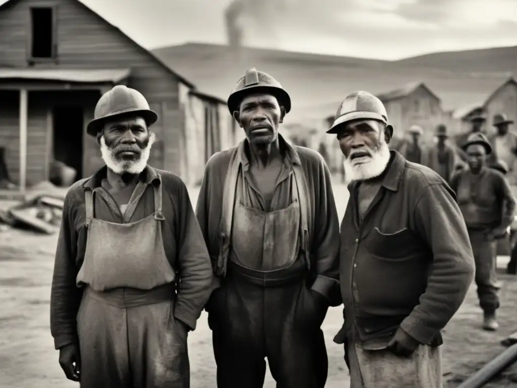 Un grupo de mineros, rostros y ropa cubiertos de polvo, frente a un pueblo minero. <b>Testimonios de habitantes de ciudades mineras.