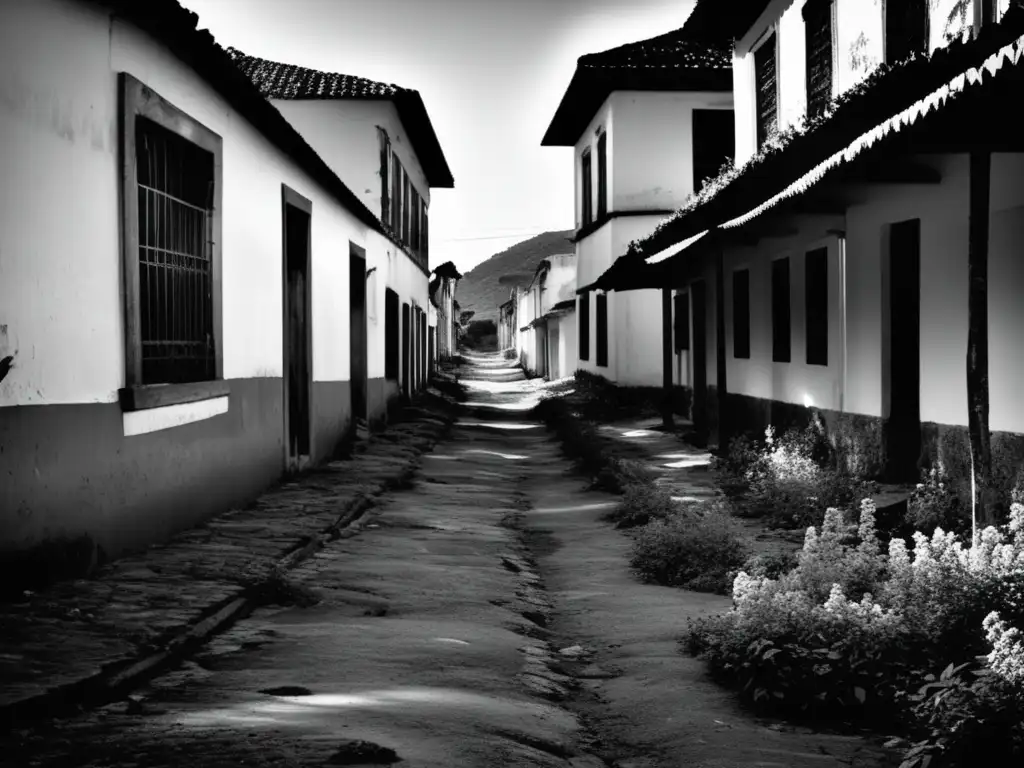 Una imagen en blanco y negro de una calle abandonada y cubierta de maleza en una ciudad fantasma en Minas Gerais, Brasil. Las edificaciones en ruinas dominan la desolada escena, transmitiendo la sensación de un lugar olvidado.