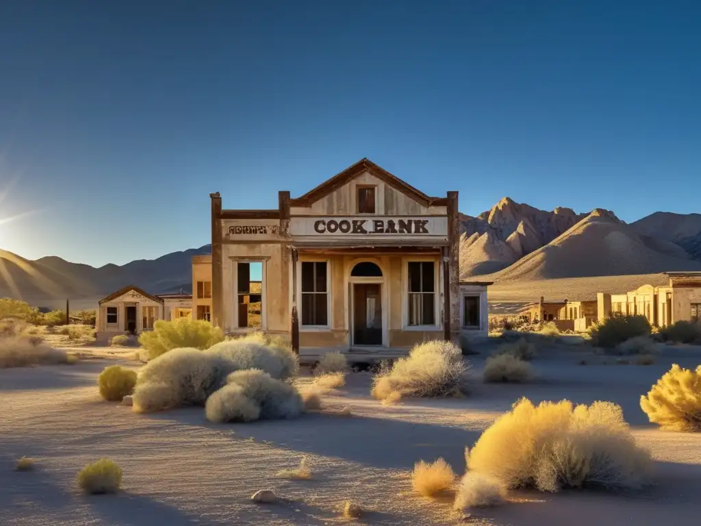 La imagen muestra la ciudad fantasma de Rhyolite, Nevada, con edificios abandonados y el suave brillo del atardecer en el desierto.