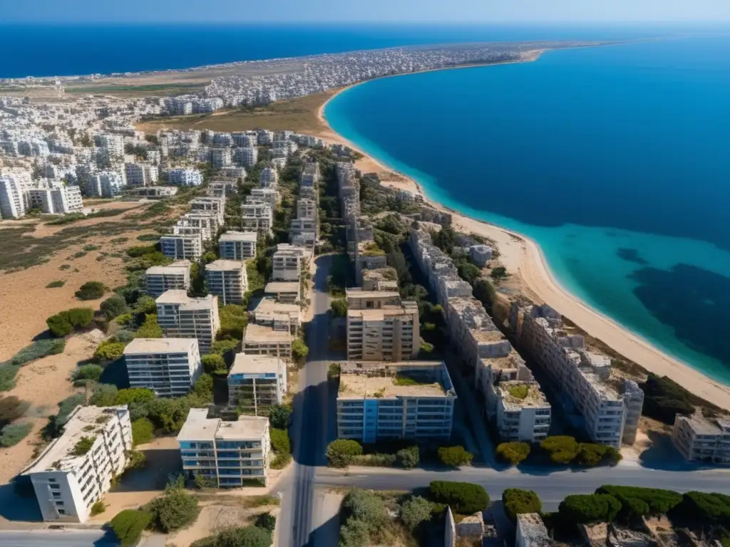 La imagen muestra la Ciudad de Varosha en Chipre, con sus edificios en ruinas y calles cubiertas por la vegetación, rodeados por aguas azules del mar Mediterráneo. El sol proyecta largas sombras sobre el paisaje desolado, creando una atmósfera inquietante y mel