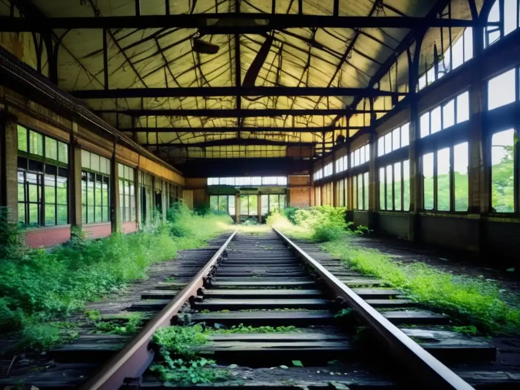 La imagen muestra la decadencia de la estación de tren en Gary, Indiana, con vías oxidadas y ventanas rotas, rodeada de vegetación.