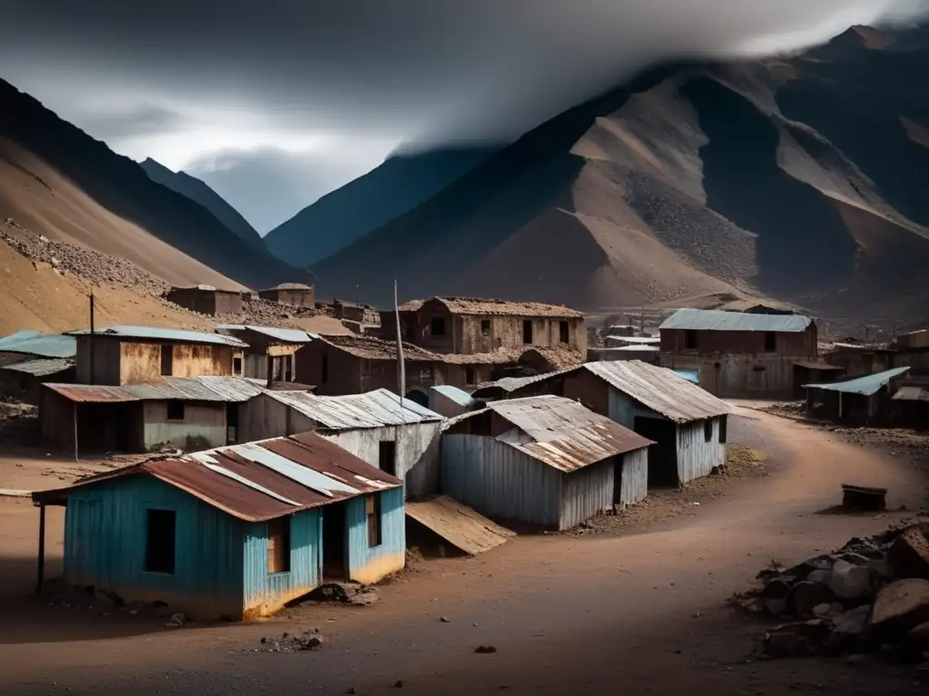 Una imagen desoladora de la ciudad fantasma de Cerro Rico Potosí en los Andes, con edificios abandonados y maquinaria oxidada.