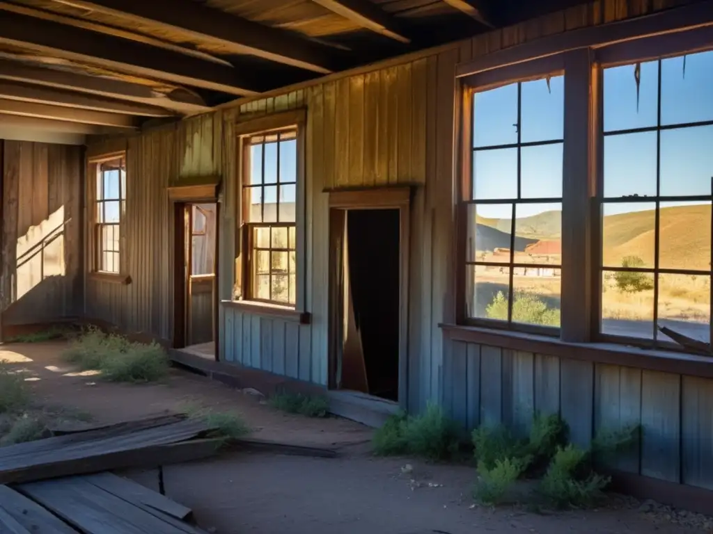 Una imagen detallada de un edificio abandonado en Virginia City, con un aura fantasmal y la silueta de un personaje en una ventana. Representa la historia fantasmal de Virginia City durante la fiebre del oro.