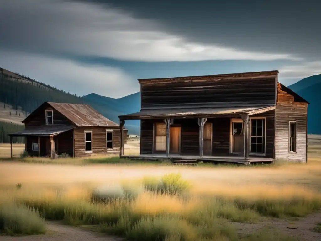 Garnet Montana ciudad fantasma: Imagen documental de los edificios abandonados, con una atmósfera misteriosa y nostálgica.