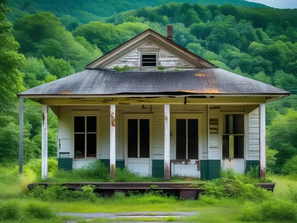 La imagen muestra la estación de tren abandonada en Thurmond, West Virginia, con su decadente exterior y la vegetación sobresaliendo. La atmósfera evoca la desolación de esta ciudad fantasma.