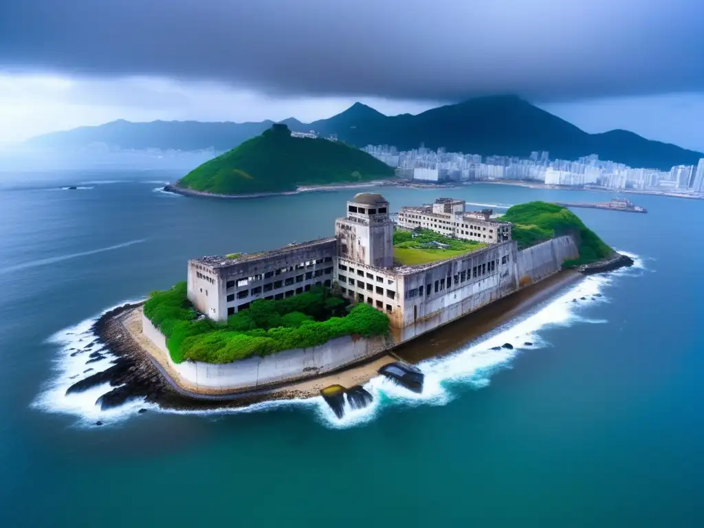 La imagen muestra la desolación de Gunkanjima, con edificios abandonados y una atmosfera de tormenta. <b>Ideal para la exploración de ciudades fantasma.