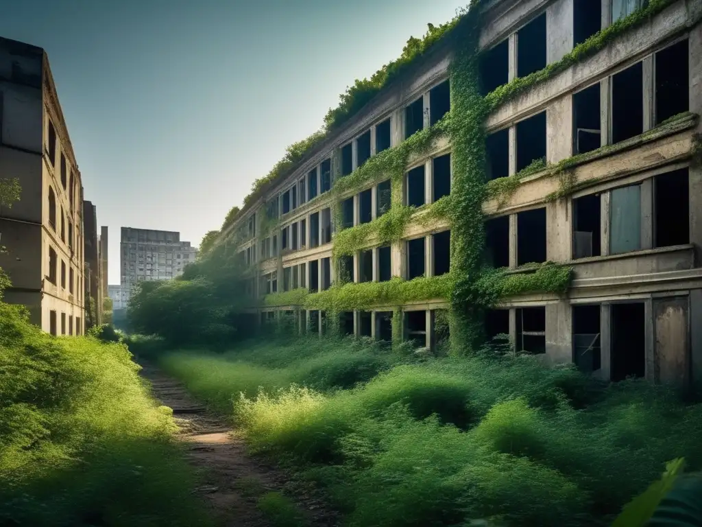 Una impactante imagen de una calle urbana abandonada y cubierta por la naturaleza, evocando la atmósfera de una ciudad fantasma.