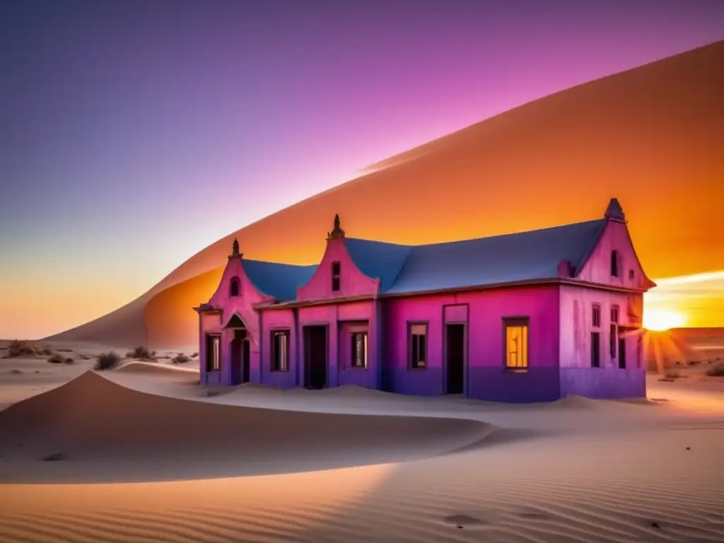 La impactante puesta de sol sobre las ruinas de la ciudad fantasma Kolmanskop Namibia evoca nostalgia y asombro.