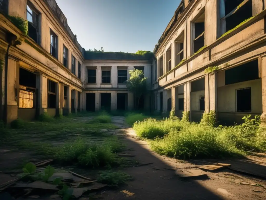 Impacto ambiental de ciudades fantasma: Imagen desolada de edificios abandonados, naturaleza reclamando las calles y la belleza inquietante del deterioro urbano.