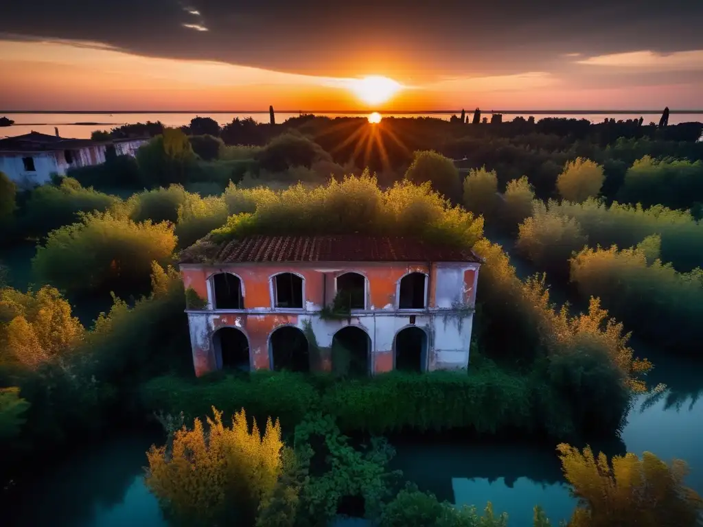 La evolución de la Isla de Poveglia: un atardecer misterioso sobre edificios abandonados y vegetación exuberante. Una atmósfera desolada y enigmática.