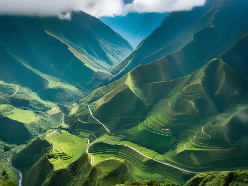 Majestuoso paisaje de Yungas, Bolivia, con montañas verdes y minas abandonadas, evocando historia y misterio.