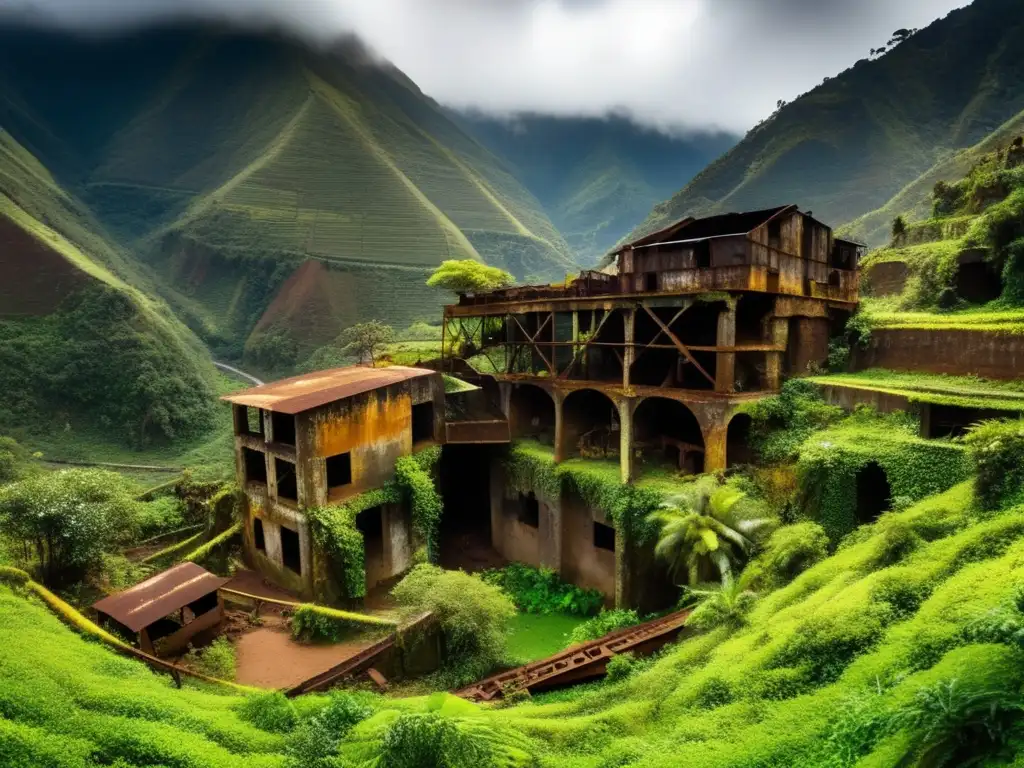 Minas abandonadas en Yungas Bolivia: panorámica de la mina con estructuras en decadencia y exuberante vegetación, evocando belleza y melancolía.