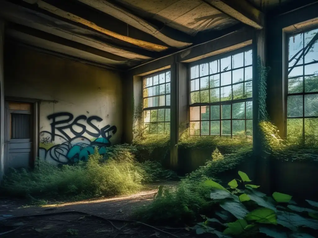 Explora la misteriosa belleza de un edificio abandonado cubierto de enredaderas y grafitis, con ventanas rotas y vegetación descontrolada alrededor. Evoca la curiosidad y la intriga, invitando a reflexionar sobre la historia de estos lugares abandonados y la importancia de obtener permisos