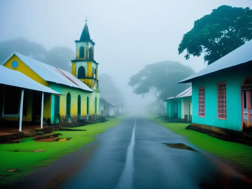 Un misterioso pueblo colonial abandonado en Guyana, con calles cubiertas de niebla y edificios en ruinas. Pueblos coloniales abandonados en Guyana