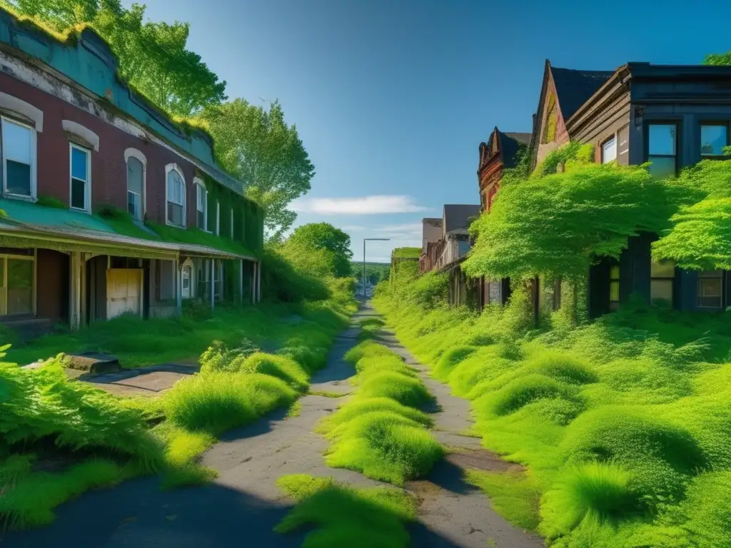 La naturaleza reconquista el pueblo fantasma de Centralia con exuberante vegetación, edificios decrépitos y dramáticas sombras.