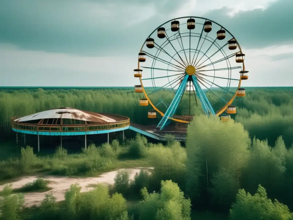 El Ferris wheel oxidado se alza entre la naturaleza en la ciudad radiactiva de Prypiat, evocando su potencial como Patrimonio de la Humanidad.