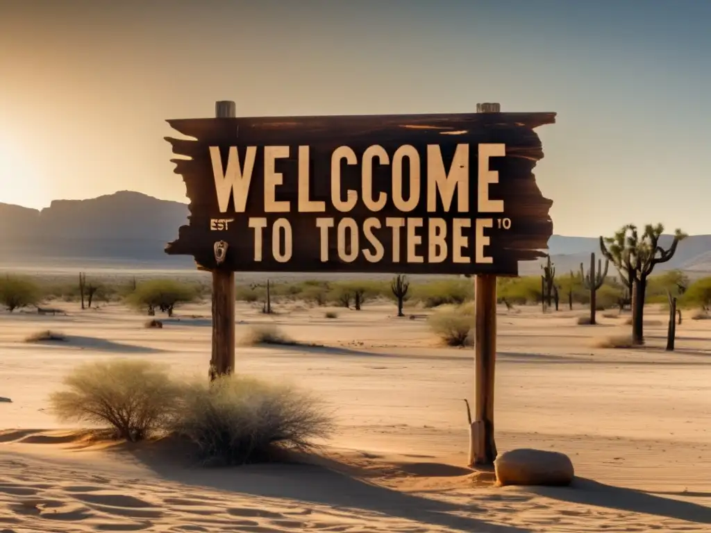 Un paisaje desolado en Tombstone: Est. <b>1879, con un cartel antiguo semienterrado y árboles retorcidos, evocando la exploración de rincones olvidados.