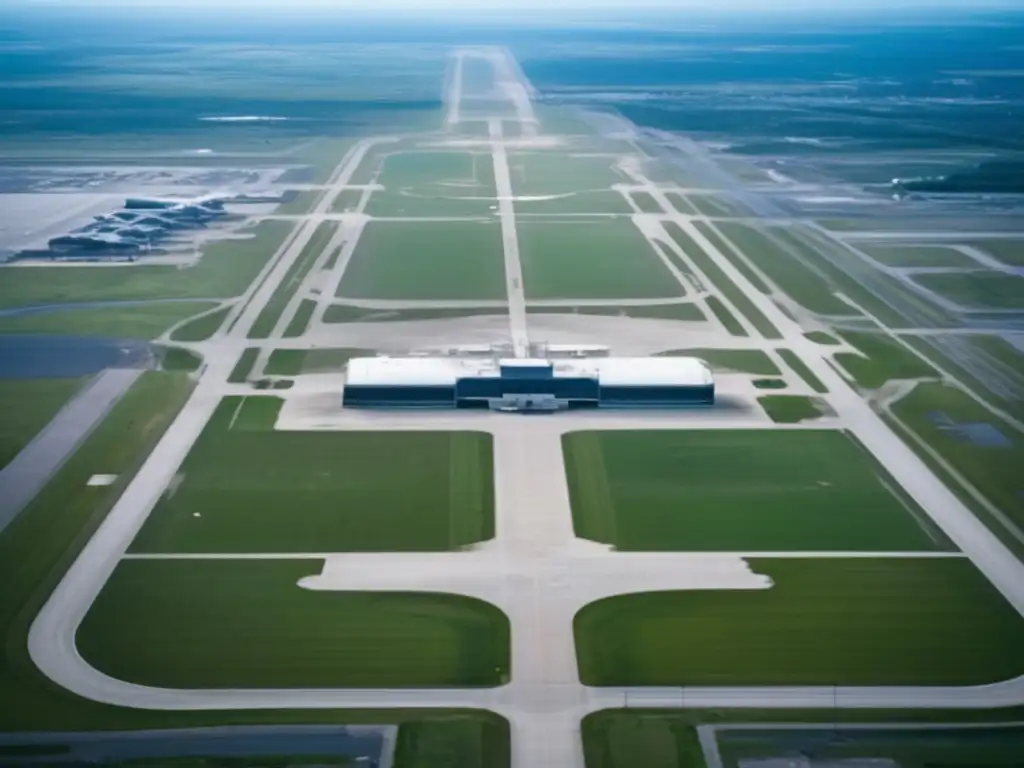 Un paisaje desolador del aeropuerto Montreal Mirabel abandonado, mostrando pistas vacías, terminales en desuso y una atmósfera sombría.