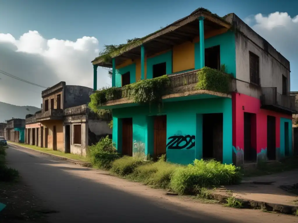 Un paisaje documental de Zimapán, México, una ciudad fantasma con edificios en ruinas, grafitis vibrantes y naturaleza reclamando el paisaje urbano. <b>La imagen muestra la historia y la atmósfera de la ciudad abandonada.